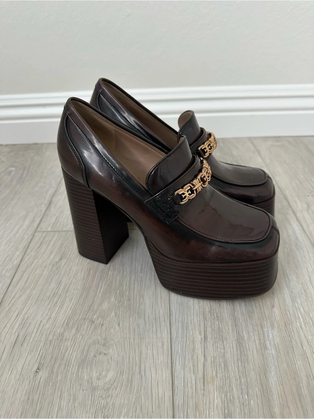 Sam Edelman Brown Patent Platform Block Heel Loafers with Gold Chain Accent